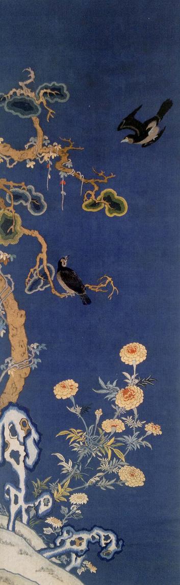 刺繡柏菊八哥圖（軸），清同治年間繡品，蘇繡，刺繡品，藏品繡