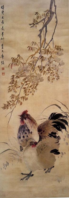 薛文華繡紫藤雙雞圖（軸），民國(guó)時(shí)期蘇繡，民國(guó)織繡精品，華喦