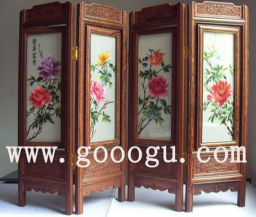 牡丹折疊刺繡屏風，四扇刺繡小屏風，蘇繡屏風