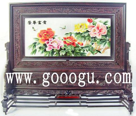 榮華富貴蘇繡，牡丹圖案刺繡，刺繡臺屏精品