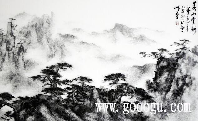 蘇繡刺繡畫，黃山云海風(fēng)景裝飾畫，刺繡精品畫