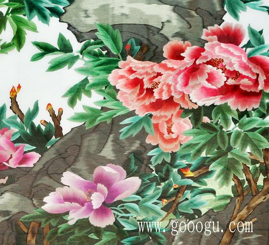 精品國(guó)色天香牡丹圖細(xì)節(jié)圖片！繡工精細(xì)、圖案顏色過(guò)渡均勻！