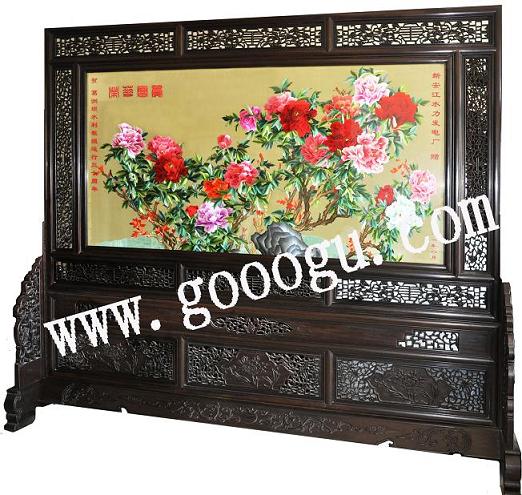 葛洲壩水利工程大廳屏風(fēng)：蘇繡屏風(fēng)，嬌古蘇繡，榮華富貴屏風(fēng)