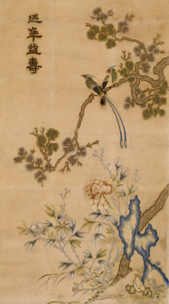 刺繡牡丹綬帶圖（軸），延年益壽，祝壽題材蘇繡，道光年間刺繡，宮廷繡品