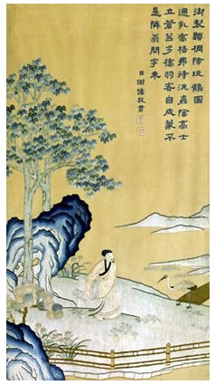 刺繡御制題桐蔭玩鶴圖（掛屏），宮廷繡品，刺繡名品